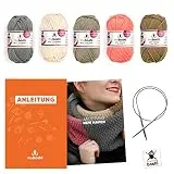 myboshi Strick-Set Schal New Haven | aus No.1 | Anleitung + Wolle | mit passender Stricknadel | Strick-Schal-Set | Titangrau Elfenbein Schlamm Rouge Ocker