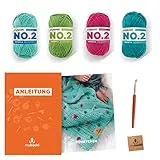myboshi Hkelset Unisex-Babydecke Pnktchen, inkl No.2 Wolle, Nadel und Anleitung, fr Babys und Amigurumis, DIY-Hkelpaket, 85% Baumwolle, 15% Kapok, Farben Meerblau, Limettengrn, Magenta, Trkis